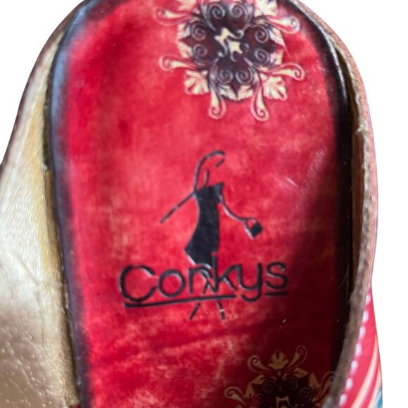 Corky's Haiti Sandals Wedge Size 11 Red Turquoise Leather Floral Slip On Slide - Picture 8 of 8